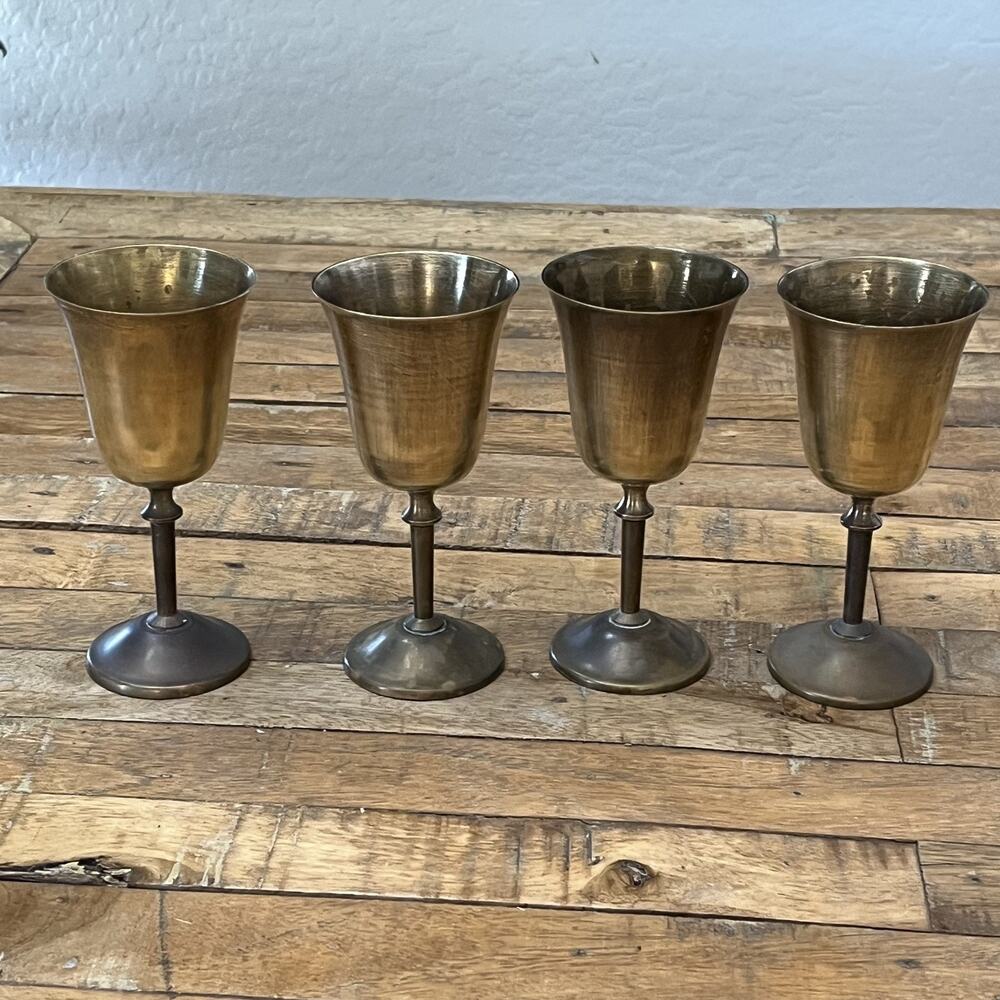 Vintage 6" Brass Goblets Set of 4 Polished Finish Classic Stemware Design